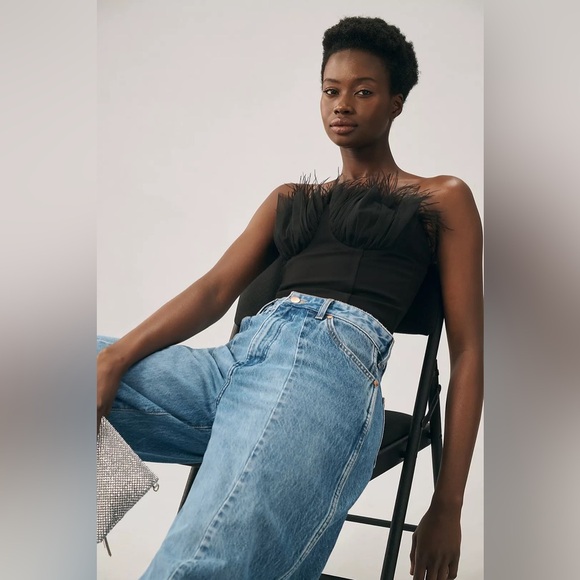 Eva Franco Strapless Tulle Corset Top Feathers Black NWT - Picture 4 of 16